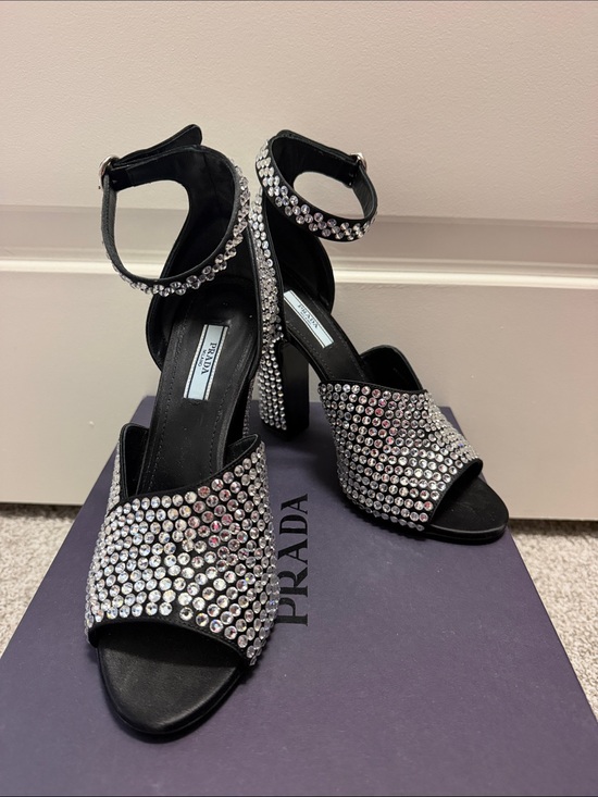 Prada Shoes - Prada Black Crystal-Studded Open-Toe Ankle Strap Heels